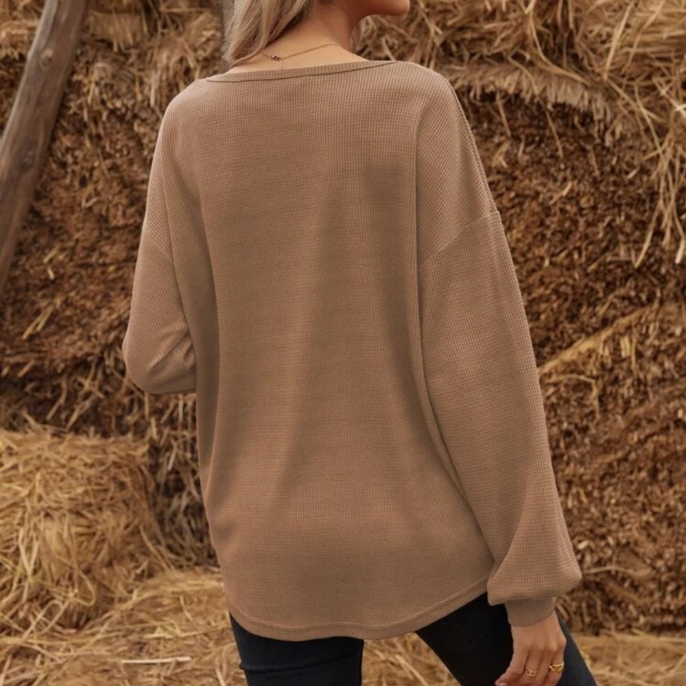 Waffle knit half placket button down henley long sleeve tee shirt boho oversized - Picture 3 of 14